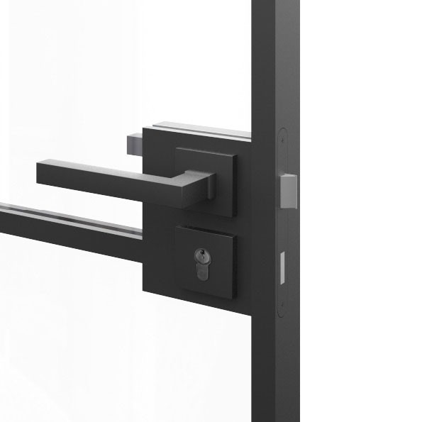 Black square-base lever handle on an RK Steel framed glass door